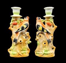 Pair Birds In Cherry Tree Candleholders Vase W Flower Frog Porcelain VTG Germany picture