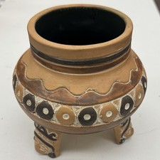 Handmade Teotihaucan Mexican Mayan Aztec Clay Terra Cotta Pot Case 3 Legs picture