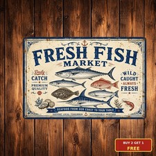 Fresh Fish Market Seafood Restaurant Blue Metal Sign Retro Kitchen Wall Plaque picture