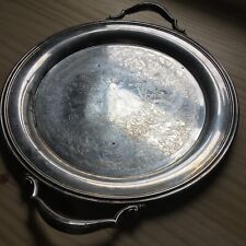 Vintage 1950s Engraved Round Silver Plate Serving Tray Platter W/ Handles 14.5
