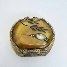 Vintage Gold Tone Pill Box Amber Resin Rhinestone Inset Etched Leaf Trinket Case picture