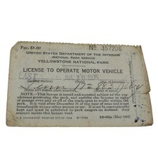 1935 July 30 License To Operate Motor Vehicle YELLOWSTONE NATIONAL PARK picture