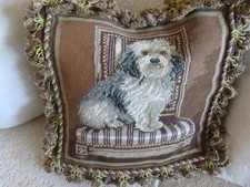 French Chic Aubusson style Needlepoint Pillow cvr Havanese or Bearded Collie 18