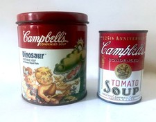Vintage Campbells Dinosaur And Tomato Soup Bank Tin Cans Shelf Decor  2 Tin Lot picture
