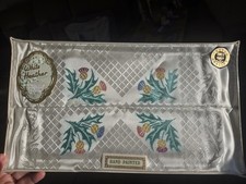 Vintage Rayon White Thistle Hand Painted Cloths Napkins 24x14 Inch X2 Boxed picture