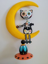 Vintage Pier 1 Halloween Cat DIA DE LOS MUERTOS Glitter Moon Sugar Skull  picture