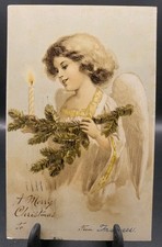 Antique Pretty CHRISTMAS ANGEL Candle Pine Postcard 1908 International Art Pub picture