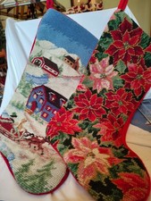 2 vintage wool needlepoint christmas stockings picture
