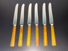 Set Of 6 VTG MCM Butterscotch Olive Swirl Bakelite Dinner Knives 9” GSC Co. picture