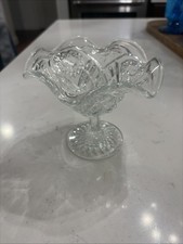 vintage diamond pattern clear glass ruffled edges Pedestal candy  dish 6