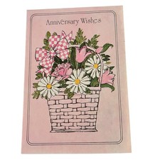 Unused Vintage Greeting Card Anniversary Wishes Pink Floral Basket Ephemera picture