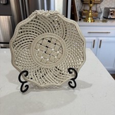 Woven Ivory Ceramic Lattice Plate with Applied Flowers picture