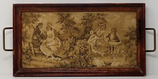 Serving Tray with Tapestry Inlay Antique Wooden Brass Romantic Scene Decor picture