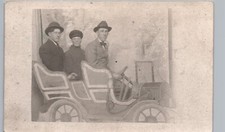 3 GUYS RIDING SILLY PROP CAR real photo postcard rppc early arcade automobile picture
