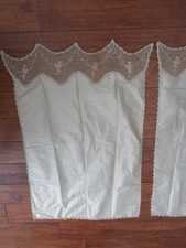 PAIR Old Antique French Scalloped Top Tambour NET LACE & Satin CURTAINS & Rings picture