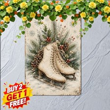 Vintage Winter Christmas Ice Skates Pine Wreath Metal Tin Sign 8x12 Plaque picture