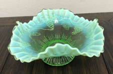 Vintage Green Opalescent Ruffle Crimp Top Footed Compote/Bowl/Candy Dish/Grapes picture