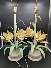 Pair of LARGE Vintage Wrought Iron MCM Tole Toleware Floral Lamps Yellow picture