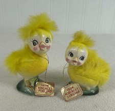 Vintage Norcrest Furland Fuzzy Easter Chicks Pair Japan Mid Century W/ Hang Tags picture
