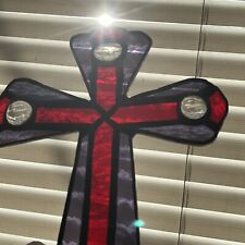 Vintage Handmade Stained Glass Religious Hanging Cross Red + Purple Christian picture