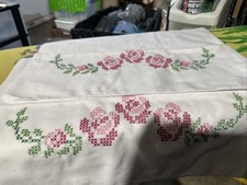 Cross Stitch Pillowcases 2 Handmade Pink Roses Vintage 20 x 30 Cottage core picture