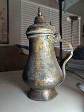 Antique c.1900 Lidded Brass Pitcher Hand-Finished Copper Alloy Vessel picture