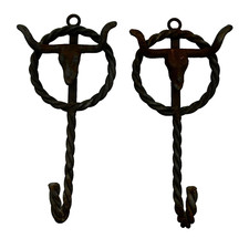 Vtg Cast Iron Western Longhorn Horseshoe Rustic Farm Stable Wall Hook Aged Decor picture