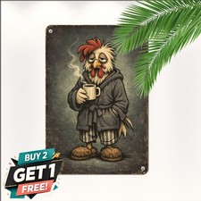 Chicken And Morning Coffee Sign Quirky Farmhouse Rooster Metal Plaque 8x12 picture