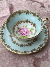 Lovely Rare Large Rose Stanley Vintage Teacup, Pale Blue, Gold Leaves, VERY GOOD picture