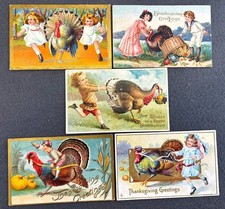 Vintage Thanksgiving Postcards Lot of 5 Children Turkeys Embossed Gold 1909 picture