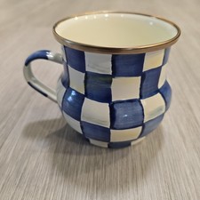 Mackenzie Childs Royal Check Blue White Enamel Mug Coffee Cup Farmhouse Decor picture