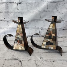 Eilon Mosaics Made in Israel 7” Hammered Copper and Stone Candlesticks Set of 2 picture