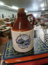 Vtg Crock Pennsylvania Dutch Country Covered Bridge Small Ceramic Jug Cork USA picture
