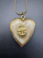 VTG WWII USN Sweetheart Locket Necklace Mother of Pearl Heart Gold Tone US Navy picture