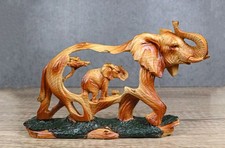 Faux Wood Elephant Family Migration Elephant Walking With Baby Calf Statue 7