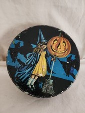 RARE Antique Vintage  HALLOWEEN c1920 CANDY TIN Tindeco GIRL WITCH Broom picture