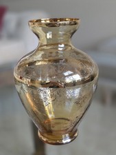 Vtg Amber Glass Vase Gold Gilded Filigree Floral Scroll Pattern MCM Accent 8