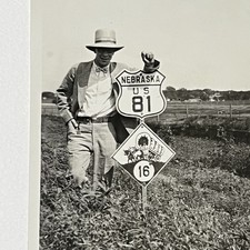 Vintage Snapshot Photograph Man Nebraska NE State Line Sign Roadside America 81 picture