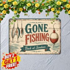 Gone Fishing Nautical Lake Decor Sign Vintage Dock Angler Cabin Metal Plaque picture