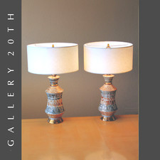 VINTAGE PAIR MID CENTURY ATOMIC TABLE LAMPS PORCELAIN 50'S MCM GOLD MODERN ART picture