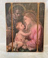 The Holy Family Christian Vintage style wood plaque gold rim Made in Italy picture