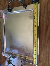 Hammered Silver Metal Rectangular Serving Tray w/ Floral Handles 17x12