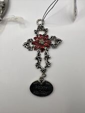 Happy Holidays poinsettia metal cross Christmas ornament religious picture