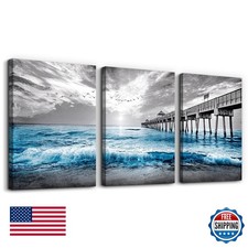 DZRWUBHS 3 Piece Framed Canvas Art Blue Ocean Sea Wave Wall Decor picture