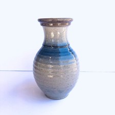 Beige Brown Blue Toned Studio Art Coiled Clay Pottery VASE 8” Artist Signed picture