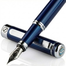 Scriveiner Midnight Blue Brass Fountain Pen Medium Schmidt Nib Chrome Gift Box picture