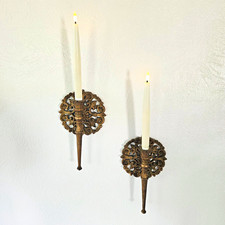 Vintage  1970s HOMCO Ornate Gold Bronze Plastic Wall Candle Sconces Set of 2 picture