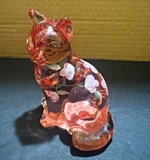 Fenton Art Glass Pink Glass Cat Figurine Hand Painted Floral Design picture