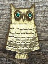 Vintage Avon Gold Owl Brooch / Pin ~ Solid Compact with Green Rhinestone Eyes picture