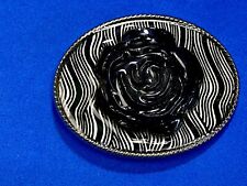 Trippy black and white Flower theme wavy lines oval belt buckle  picture